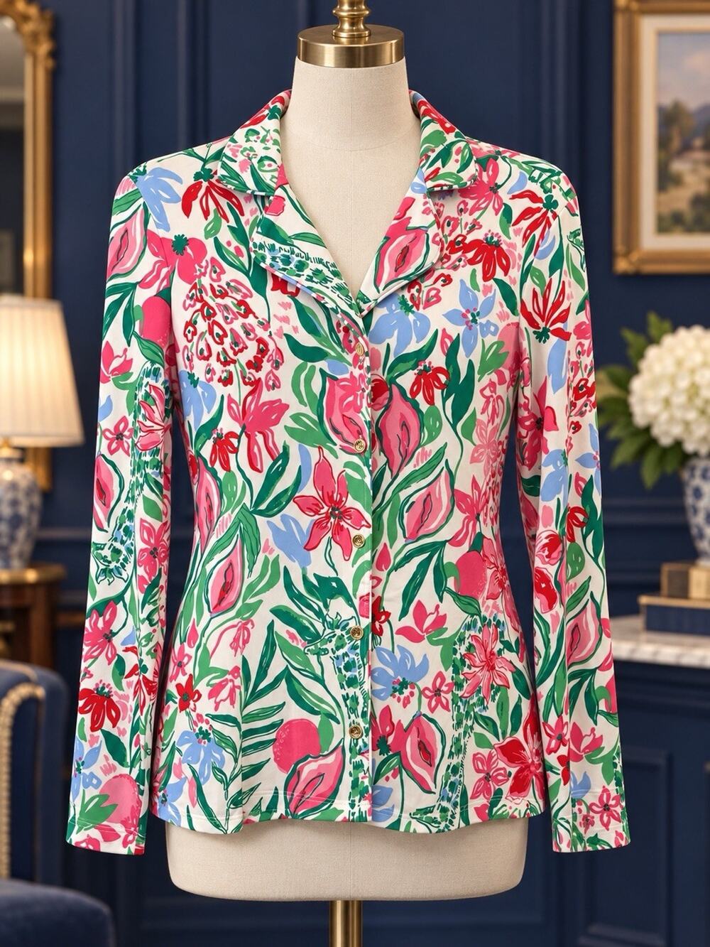 Lilly Pulitzer Button Down Shirt Womens Tropical Giraffe Pink Lightweight Soft